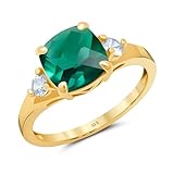 MAX + STONE Cushion Cut Created Green Emerald Three Stone Ring for Women in 10k Yellow Gold with Created White Sapphire Accents and May Birthstone Size 6
