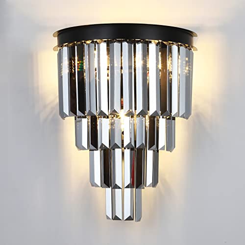 JKLX Black Crystal Wall Sconce Lighting Fixture H15 x L7 x W12 Modern 4-Tiers K9 Smoke Crystal Wall Light Bedside Wall Mount Lamp for Living Room Bedroom Mirror Dining Room Hallway Foyer