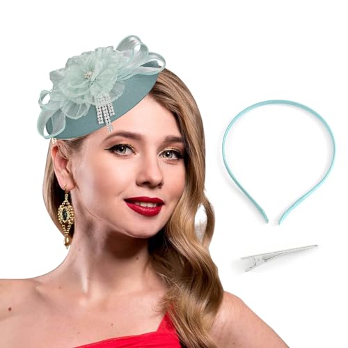 Bohend Fascinator Sombrero Flor Pastillero Sombreros Vintage Bow Derby Tea Party Boda Diamantes de imitación Accesorios para el Pelo para Mujer y Niña (Verde)