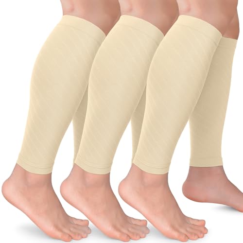 CTHH 3 Pack Leg Compression Sleeve, Calf Support Sleeves for Women and Men Calf Brace for Shin Splints, Pain Relief (Nude/Nude/Nude, L/XL)