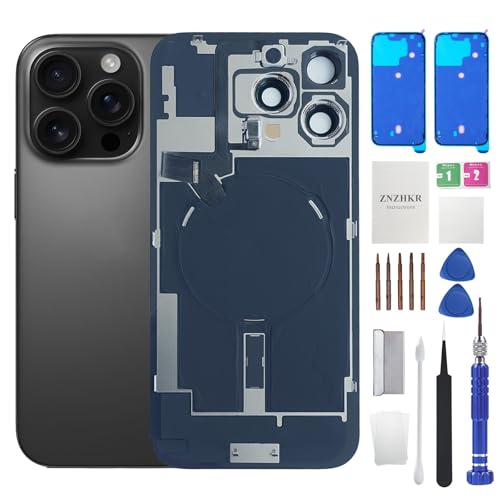 16 Pro Max Back Glass Replacement with Wireless Charging Flex Cable and Camera Frame All Parts for iPhone 16 Pro Max(6.9 Inch Black Titanium) Replacement of Equipment Waterproof Tape
