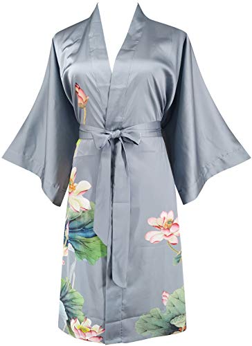 Ledamon Women's Kimono Short Robe - Classic Floral Bathrobe Nightgown (Blue Gray)