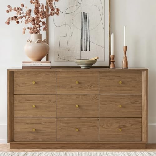 Image of FORTUNETEC 9 Drawer Dresser, Mid Century Modern Dresser with Storage, 55" Wide Chest of Drawers with Wood Grain Texture, Dressers TV Stand for Bedroom, Living Room, Hallway, Walnut