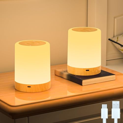 YverLand Lámpara de mesita de noche táctil rgb 256 colores   regulable, recargable usb, temporizador y memoria   luz nocturna led inalámbrica para dormitorio, niños, bebés y camping (Cilíndrica x 2)