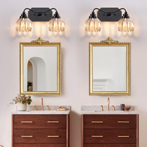 Image of Vintage Vanity Lights, 2‑Light Antique Matte Black Finish | Amber Tulip Crystal Bathroom Light Fixtures, Mid‑Century Style, Bathroom Lighting Over Mirror for Bedroom, Easy to Install
