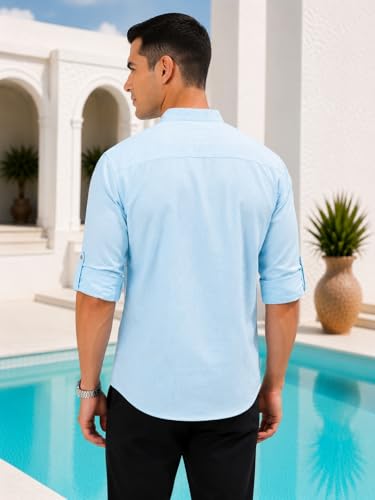 Image of Majestic Man Men's Pure Cotton Solid Mandarin Collar Slim Fit Roll-Up Sleeves Short Kurta Lightweight Summer Kurta for Daily & Occasion Use