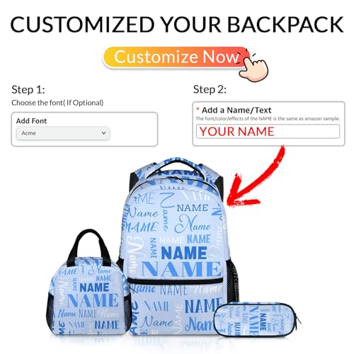 3PCS Backpack with Lunch Bag Pencil Case for Kids Boys Girls - Personalized Name Backpacks for School - Custom 17" Large Capacity Blue Bookbag for Preschool Elementary Middle3
