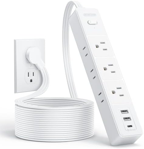 NTONPOWER Flat Extension Cord 10 ft, 1080J Surge Protector with Long Cord, 6 Outlets and 3 USB Ports(1 USB C), 1625W/13A Overload Protection, Wall Mount, Flat Plug Power Strip for Home, Dorm, Office