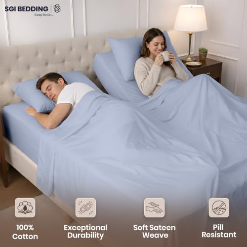 Image of SGI Split King Sheet Set for Adjustable Bed Egyptian Premium Cotton 600 Thread Count Sheets for Sleep Number Bed 15 inch Deep Pocket 5 Pc Set with 2 Twin XL Fitted Sheets Soft Breathable - Cornflower Blue