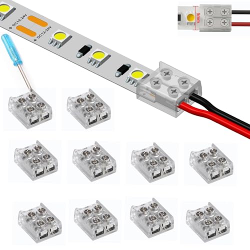 YUTOKEER Ledstripconnector, 2-polig, 8 mm, soldeervrij voor 5050 3528 monochrome ledstrips, snelle en eenvoudige strips voor draadverbinding, inclusief schroevendraaier, verpakking van 10 stuks
