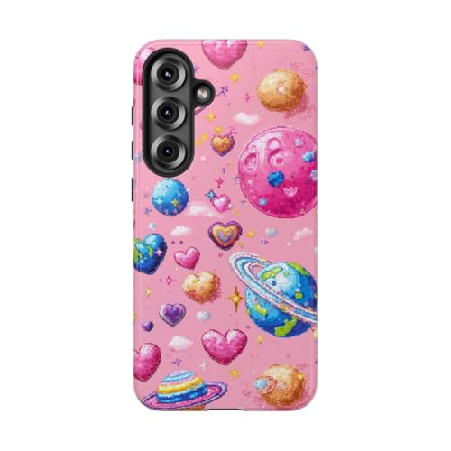Coque Samsung Galaxy S25 Plus rigide brillante avec motif cœurs et planètes en pixel art.