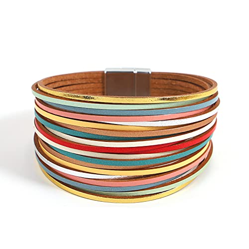 hotoo Handmade Layered Leather Bracelets Wrap for Women Stackable Chunky Colored Men Cuff Bracelet Wristband Bangle Gifts