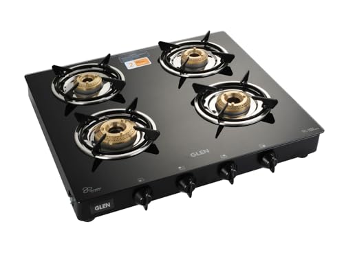 Glen Gas Stove 4 Burner Toughened Glass Top | LPG Gas Stoves 57 cm Extra Large | 1 Jumbo Brass...