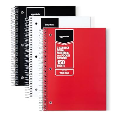 Amazon Basics Wide Ruled 3-Subject Spiral Notebooks with Pocket Dividers, 150 Sheets, 10.5" x 8", Assorted Primary Colors, 3-Pack
