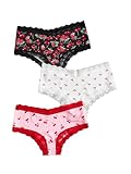 WDIRARA Women's 3 Pack Cute Graphic Panties Set Lace Trim Low Rise Comfy Thong Underwear Black White Red Large