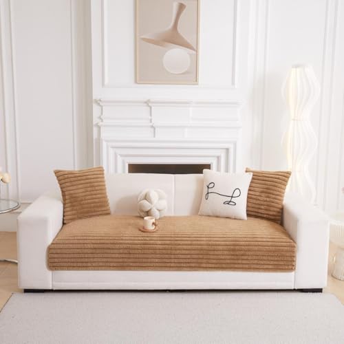 Image of HOMETHREADS 600GSM Thick & Soft Rabbit Fur Plush Sofa Cover-Luxurious Cozy Slipcover, Washable & Pet-Friendly, Anti-Scratch Protector for Sofas (Faux Linning Brown, 1 Seater | 70x70cm)