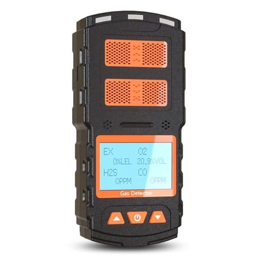 4 Gas Monitor Multi Gas Detector for H2S, CO, LEL and O2, with Vibration, Visual and Audible Alarms, 18h Long Battery Life, Gas Detector for Work, Home