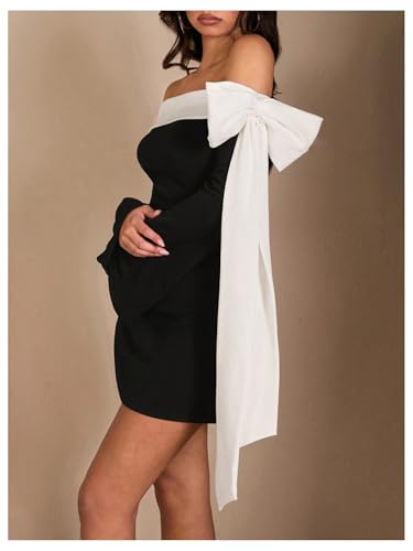 WDIRARA Women's Off Shoulder Bow Long Bell Sleeve Mini Dress Cocktail Party Dress3