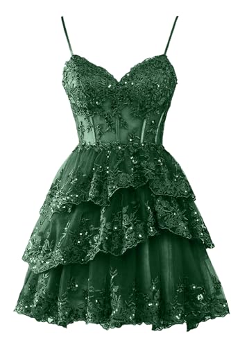 Women's Sparkly Tulle Tiered Homecoming Dresses 2025 Spaghetti Straps Corset Short Lace Cocktail Gowns