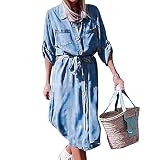 YTZL Jeanskleider Damen Langarm Jeanshemd Vintage Hemdblusenkleid Denim Kleid Midikleid Frauen LäSsiges Jeanskleid Hemdkleid Jeanskleider Langarm Knopf Runter Shirtkleid Tunikakleider,Mit GüRtel
