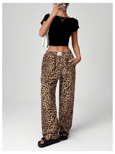 Image of RoseSeek Women's Letter Leopard Print Y2K Straight Elastic Waist Leg Pants
