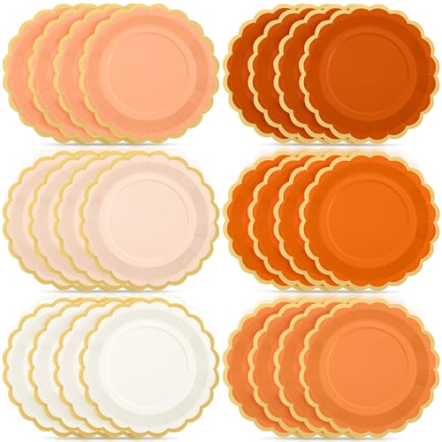 Tiangrid 48 Pcs Beige-Orange Peach Paper Plates 9 Inch Gradient Scalloped Paper Disposable Dinner Dessert Plates for Birthday Wedding Bridal Party Supplies 6 Colors
