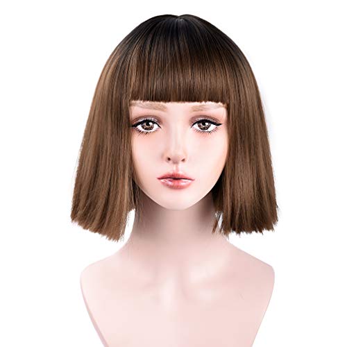 REECHO 12" Short Ombre Wig Straight with bangs Synthetic Hair for White Black Women Cosplay Color: Black to Light Brown
