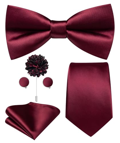 Image of Hi-Tie 5Pcs Mens Solid Color Silk Tie Satin Pretied Bowtie Lapel Pin for Men Handkerchief Cufflink Wedding Gift Box