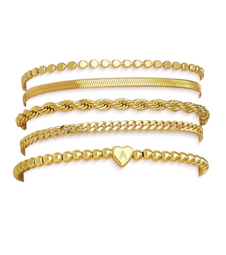 doubgood Mothers Day Gifts Gold Bracelets for Women Waterproof Stackable Heart Initial Charm Bracelets Set A Letter 14K Gold Plated Adjustable Chain Link Stack Jewelry Gifts for Mom Birthday