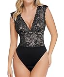 Popilush Body Suits for Womens Tummy Control Lace Bodysuit Tummy Control Shapewear Going Out Tops Deep V Neck Body Suits