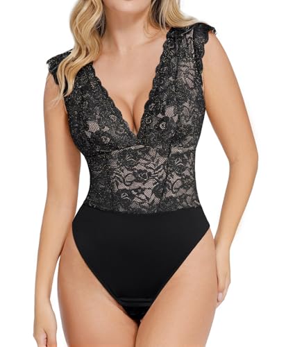Popilush Lace Body Suits Women - Tank Top Thong Shapewear Tummy Control Going Out Tops Deep V Neck BodySuit
