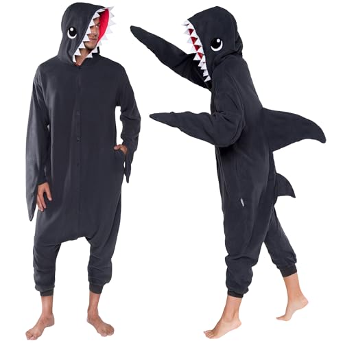 Funziez! Adult Onesie Halloween Costume Animal Dinosaur Shark Unisex Plush One Piece Cosplay Suit for Adults, Men and Women