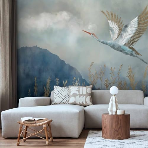 artgeist Wall Mural Landscape 116x83 in - Peel and Stick Self-Adhesive Wallpaper Removable Large Sticker Foil Wall Decor Print Picture Design Mountain Plants Stork Blue Like Painted g-A-0364-a-a - Thumbnail 2