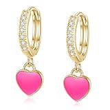 14K Gold Plated Cubic Zirconia Huggie Hoop Earrings Enamel Hot Pink MIni Heart Dangle Drop Huggies E