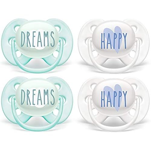 Philips AVENT Ultra Soft Pacifier 0-6 Months, Dreams and Happy Designs, 4 Pack, White/Green, SCF222/43