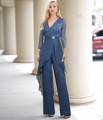 Mother of The Bride Pant Suits for Wedding Long Sleeve Chiffon Jupmsuit V Neck Pant Suits for Women2