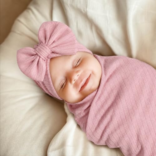 Image of DRESHOW BQUBO Baby Swaddle Blankets for Girls, 4PCS Newborn Accessories Set with Hat and Bow Headband with Hello World Wooden Birth Announcement Card, Baby Blankets for Girls