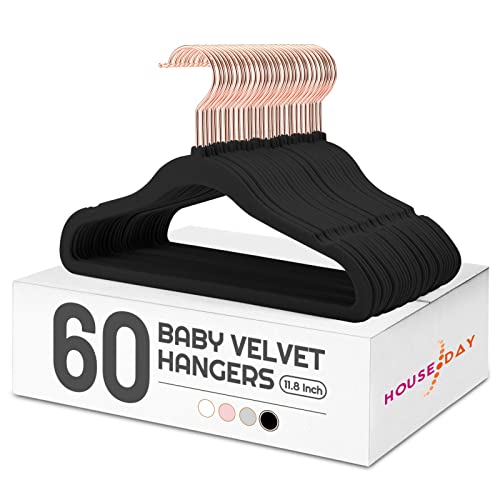 Image of HOUSE DAY Velvet Baby Hangers for Closet, Kids Hangers Velvet 60 Pack, Non Slip Toddler Hanger 11.8 Inch, Durable Childrens Hanger for Newborn Baby Clothes- Black