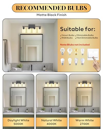 Image of Bathroom Vanity Light Fixtures 4-Light Black Wall Sconce, Brushed Nickel Mirror Light with Clear Glass Shade, Easy Install Bedroom Hallway Lighting, E26 Base
