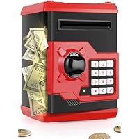 PLAYSHEEK Piggy Bank for Girls Boys Large Electronic Money Coin Banks with Password Protection, Automatic Paper Money Scroll Saving Box, Great Gift for Kids (Black-Red)