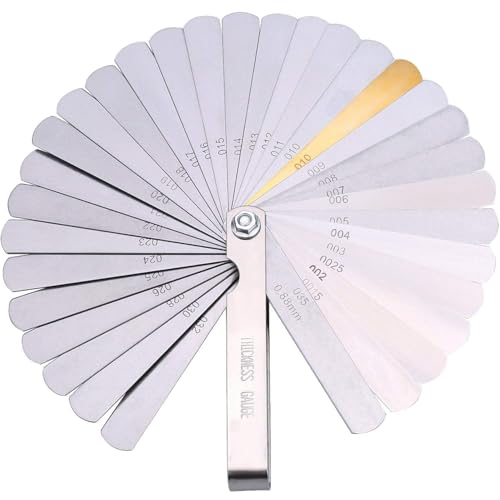 Feeler Gauges, Stainless Steel Feeler Gauge, 32 Blades 0.04 to 0.88 mm (0.0015 to 0.035 Inch) Imperial or Metric Dual Marked Measuring Gap Width Thickness Widely Used for Spark Plug, Piston Measure