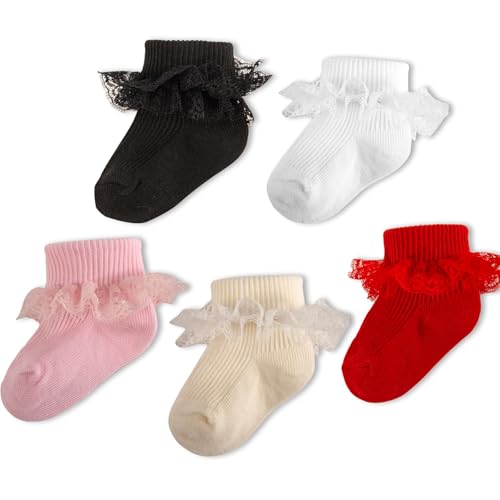 Image of MKYSZLT Baby Girl Ruffle Socks Eyelet Double Lace Turn Cuff Ankle Frilly Dress Socks for Newborn/Infant/Toddler/Little Kids