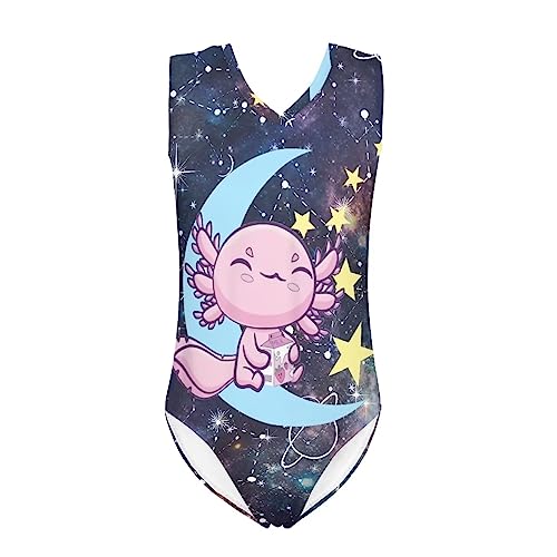 Image of Mumeson Girls's V-Neck One-Piece Swimsuit Cartoon Axolotl Galaxy Print Swimsuit Summer Bathing Suits Sleeveless Quick Drying Beach Swimwear