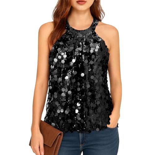 JASGOOD Halter Sequin Tank Tops for Women Sleeveless Sparkly Glitter Club Ruched Flowy Shiny Party Concert Shirt Back Satin Ribbon Tie,Black