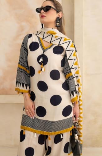 Image of Women's Pure Cotton 60-60 Printed Short Anarkali Kurta, Pant, and Dupatta Set with Front Dori and Heavy Tassels (Polka Dot Black & Cream)