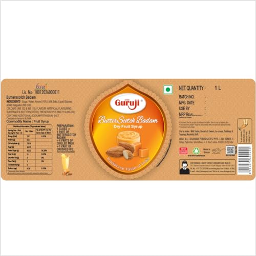 Image of Shree Guruji Butter Scotch Badam Milk Beverage 1 Litre | Refreshing Summer Drink Syrup with Almond Flavor | Traditional Sharbat for Milk, Falooda & Desserts
