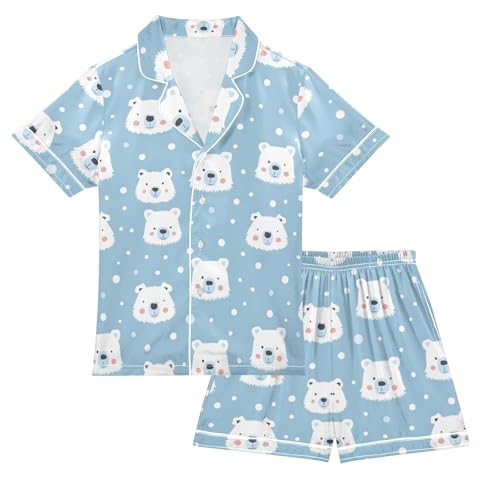 Light Blue Polar Bear Summer Satin Pajama Set, Cute Button-Down Sleepwear Pj Set for Sleep Wears