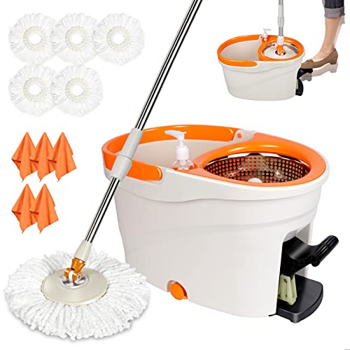 ZNM Serpillière Seau Essoreur à Pédale, Balais Serpiliere avec 5 Tampons Microfiber & 5 Chiffons de Nettoyage, Rotatif à 360° Balai à Franges avec Seau pour Nettoyage Sols