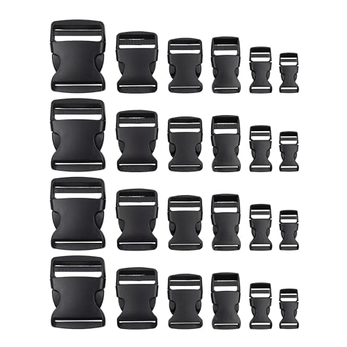 Steckschnallen Set, 24 Stück, jede Größe 4 Mal, 15 mm, 20 mm, 25 mm, 32 mm, 38 mm und 50 mm, in Schwarz, aus Kunststoff, Steckschnallen-Klickverschluss, Ersatz Steckverschluss Reparatur, Gurtschnalle