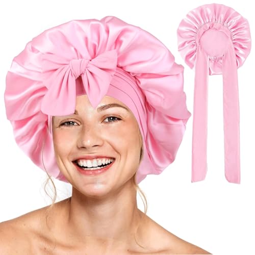 Barlone Gorro de seda para dormir de pelo largo, capó de seda, suave y cómodo, gorro de seda para dormir ajustable con banda ancha para fijación a la cabeza (rosa)
